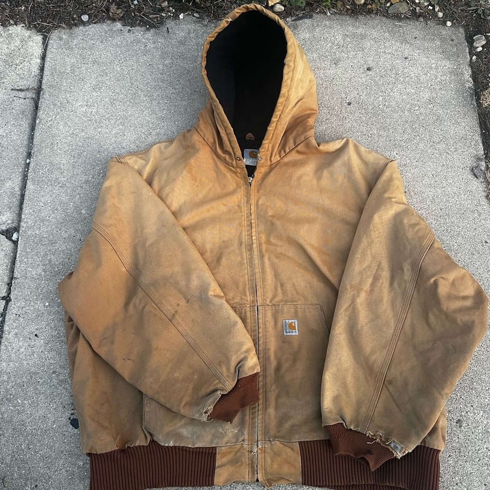 Vintage Heavy Distrssed Carhartt Hood Jacket With Quilted Lining Has Flaws 4XL